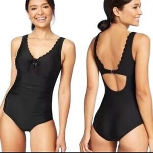 Kona Sol Black Scalloped Lace Up One Piece Swimsuit Women Medium Cutout Back